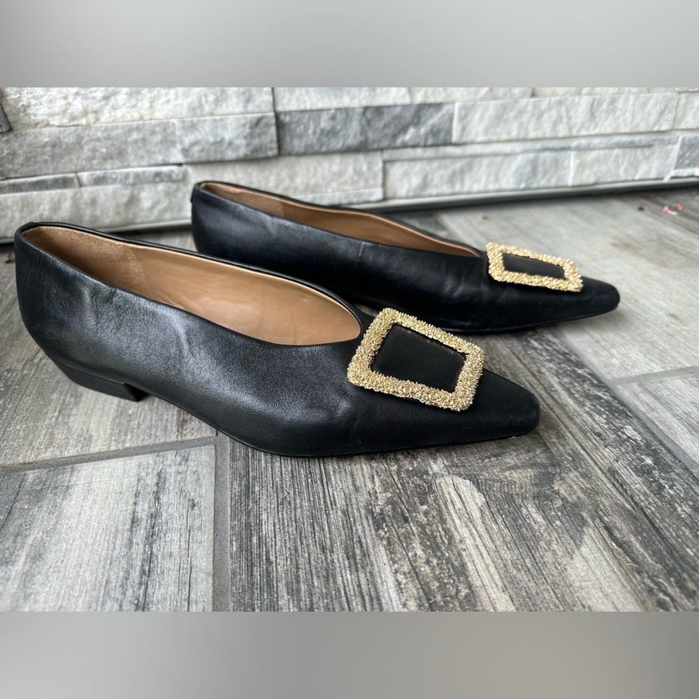 SAM EDELMAN x ANTHROPOLOGIE Janina Leather Pointed Toe Flat Gold Buckle Sz 10 - Picture 5 of 13